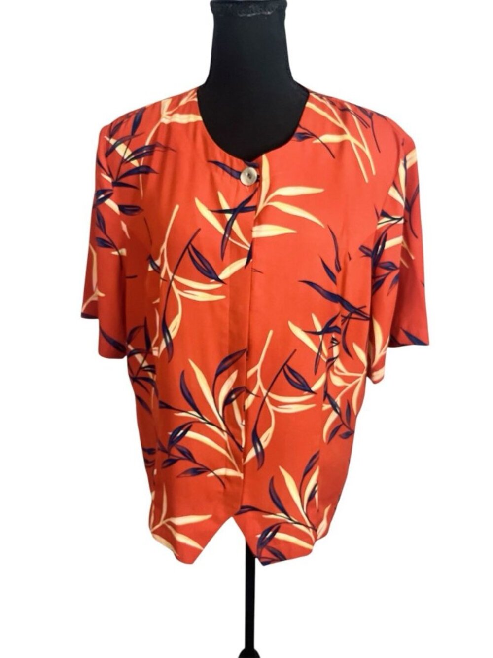 Vintage Kathy Che Blouse Sz 18 Orange Navy Bamboo Tropical Resort Hidden Buttons